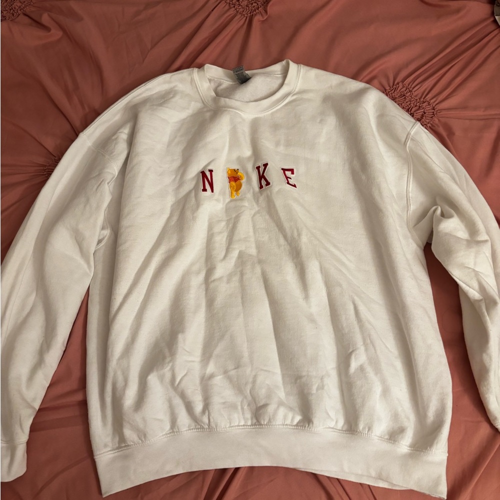 Gildan White Crewneck Sweater with Pooh Nike patches